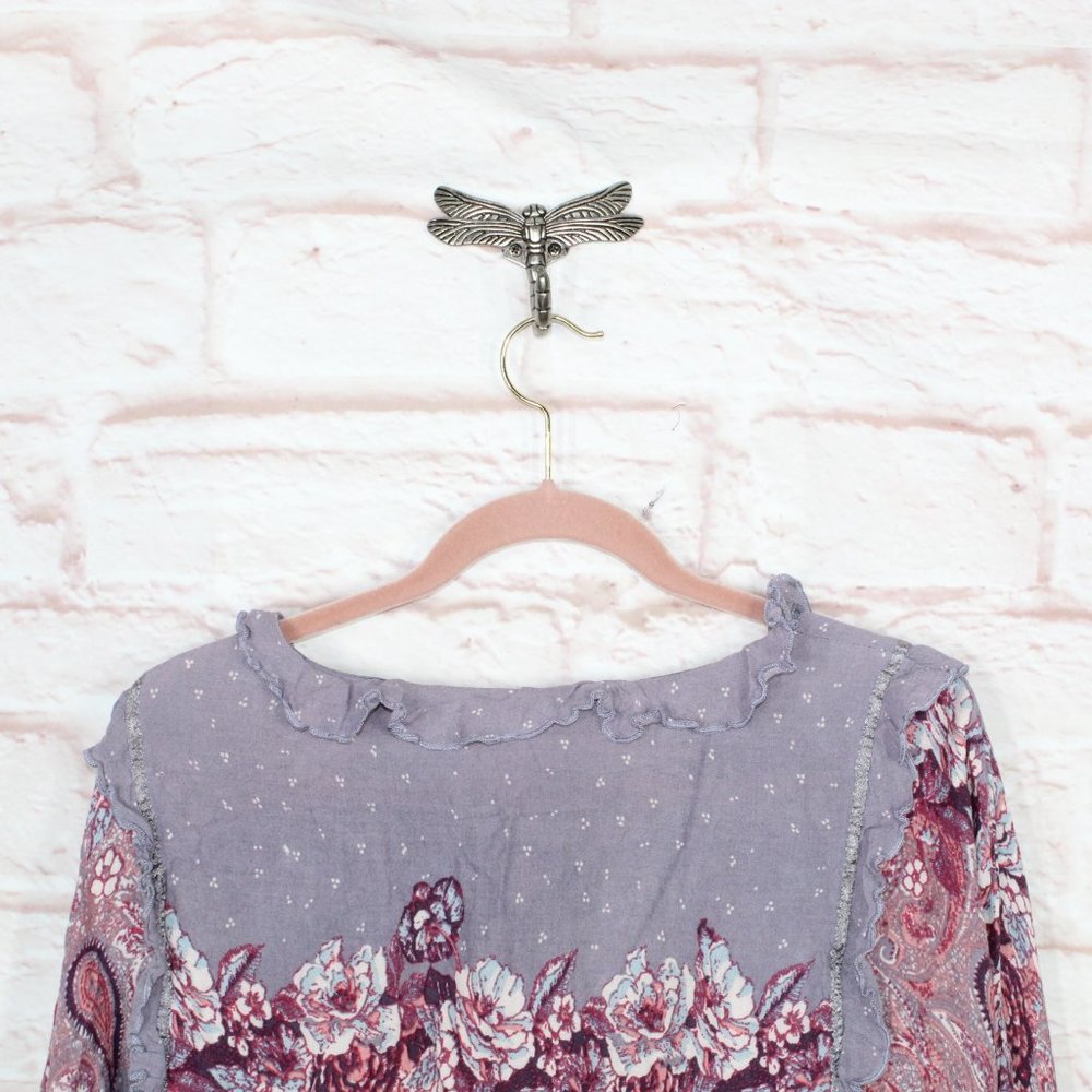 Free People Purple Rayon V-Neck Elastic Waist Peasant Blouse Top Size M - Picture 7 of 9